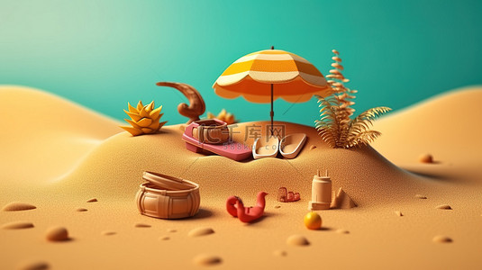沙岛上充满活力的夏季必需品令人惊叹的 3D 渲染