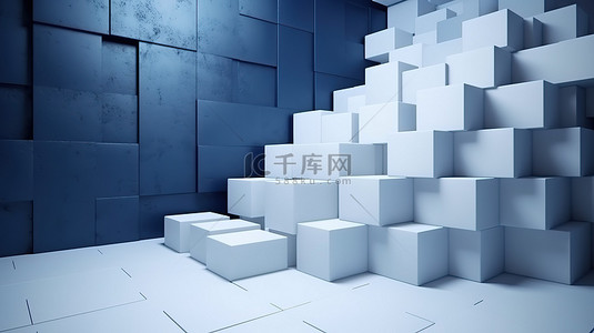 白色立方体盒子，带有蓝色蓝宝石水泥墙背景，3D 渲染，没有任何内容