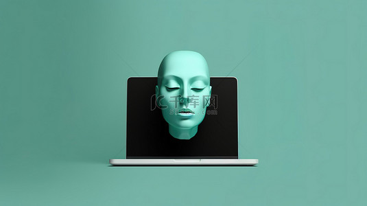 钓鱼背景图片_超现实 3D 艺术简约插图，以笔记本电脑和屏幕上浮现的面孔为特色