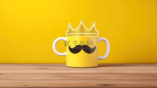父亲节快乐背景图片_在黄色木质背景 3D 渲染图像上用加冕的胡子和咖啡庆祝父亲节