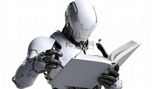 书样机背景图片_拿着一本空白书的机器人的白色背景 3d 渲染