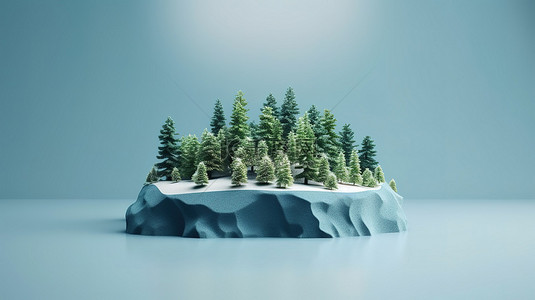 雪森林背景图片_一个白雪皑皑的绿色森林岛的微观视图，其部分被切割成 3d 渲染并隔离在蓝色背景中