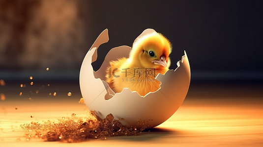 小鸡从蛋壳中出来的 3D 概念设计图像