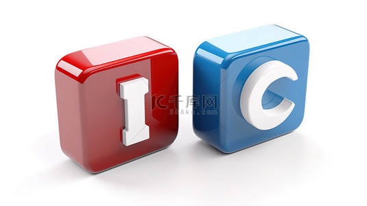 3D 渲染中描绘的白色方形图标按钮，带有白色背景上隔离的蓝色和红色马蹄形磁铁