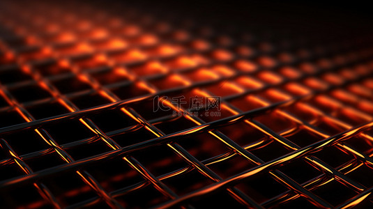 橙色光黑碳网格的高分辨率 3D 渲染抽象金属网格栅背景
