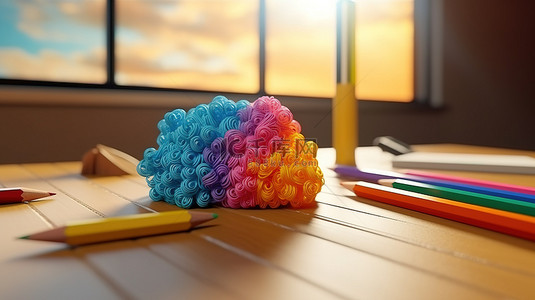 3D 天空模型，云彩和太阳 3D 笔和木桌上的彩色塑料