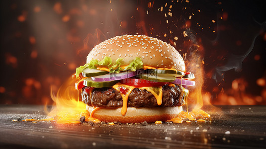 汉堡沙拉背景图片_3D 渲染汉堡与爆炸性演示
