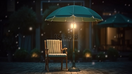 星夜 3D 概念图下装饰着雨伞和台灯的户外椅子