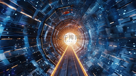 引领科技背景图片_3d 渲染通过太空隧道翱翔