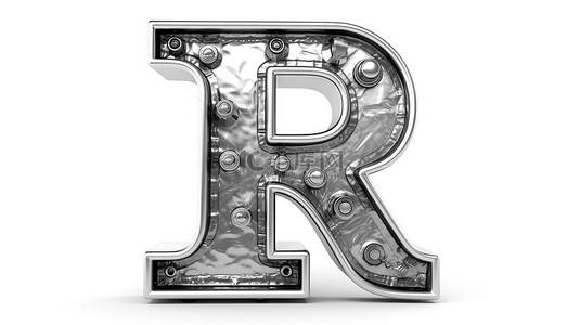 干净的白色背景上大写 r 的闪亮金属 3d 字体