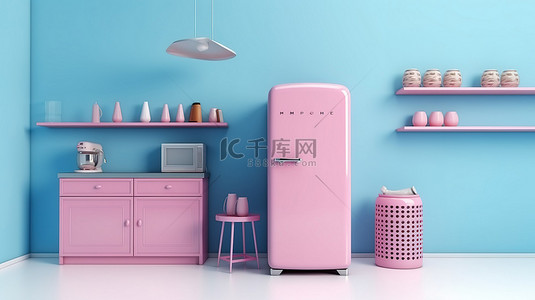 边框优雅背景图片_3D 插图蓝色冰箱为粉红色内饰增添了一抹流行色彩