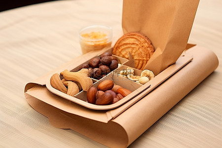 冬季的健康背景图片_棕色袋子托盘上的健康零食