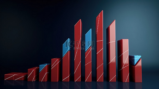 箭头了背景图片_蓝色背景展示了具有上升趋势和突出的红色箭头的 3d 条形图