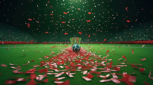踢足球背景背景图片_背景为足球场的节日五彩纸屑的 3d 渲染