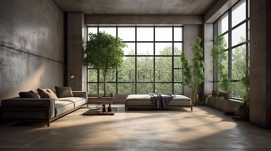 现代阁楼客厅配有​​棕色沙发裸露混凝土墙木地板大窗户和 3D 渲染的室内树