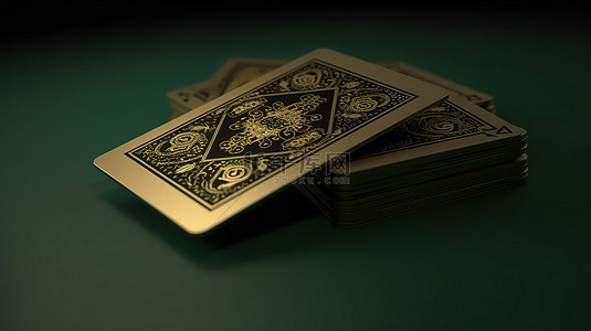 充满活力的绿色背景上的黑色和金色赌场概念扑克牌 3D 渲染插图