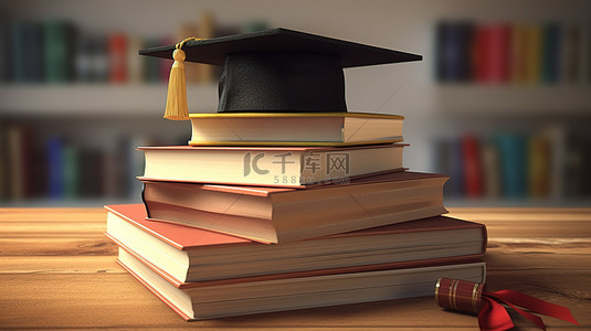 学术背景图片_毕业帽和一堆书的概念 3D 渲染