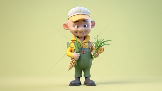 开心的农民背景图片_异想天开的 3d 农民穿着工作服，收获丰收