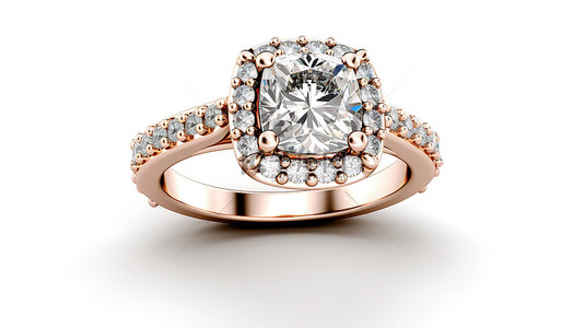 精美的 3D 渲染垫形切割主石玫瑰金订婚戒指，带光环和戒圈侧石