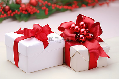 两个圣诞盒子正在铺设，其中一个在白色上有红色蝴蝶结