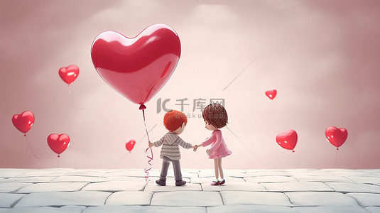 手牵手情侣背景图片_3D 渲染中带有心形气球的浪漫二人组