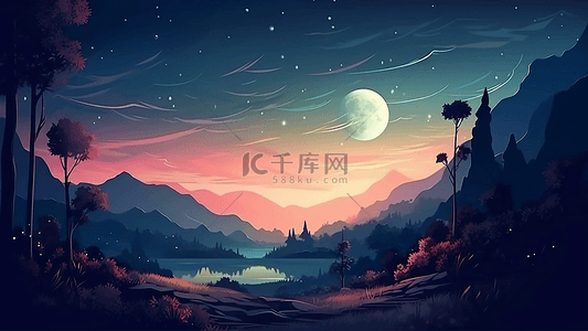 蓝色月亮背景图片_月亮星空中央浪花1