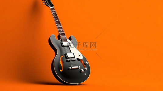 3D 渲染单色吉他在充满活力的橙色背景下