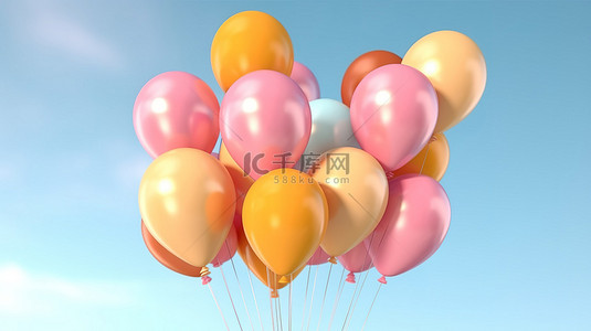 插画水彩背景图片_充满活力的一堆气球漂浮在蓝天 3D 渲染上