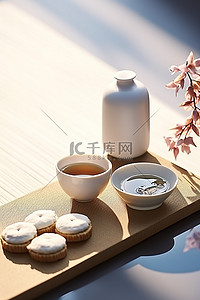 饼干食品背景图片_茶和饼干，而一碗茶放在桌子上