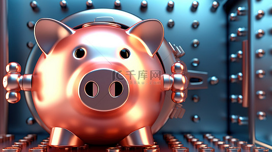 安全存储在打开的银行保险箱中的存钱罐的极端特写 3D 渲染