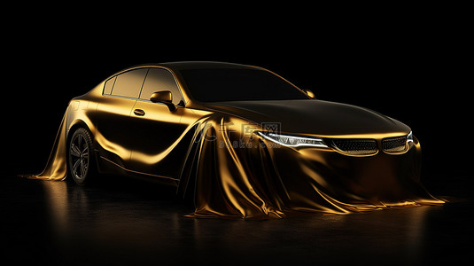 黑色蝴蝶结背景图片_时尚的汽车披着优雅的金色织物，显示在时尚的黑色背景 3D 渲染图像上