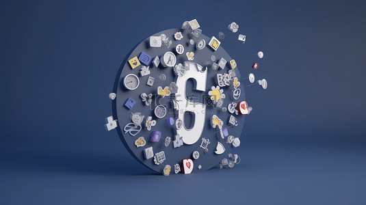 Facebook 徽章被蓝色 3D 背景中的一组类似图标包围
