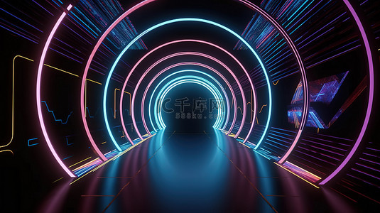 科技藍色背景图片_虚拟现实的未来派霓虹门户发光的走廊