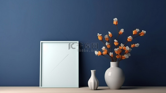 白色海报白色海报背景图片_令人惊叹的深蓝色背景迷人的 3D 渲染上的花卉和植物相框模型