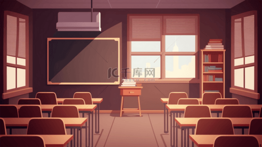 桌子卡通背景图片_课堂教室室内环境暖光色调卡通背景