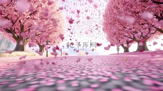 花飘花背景图片_3D 渲染场景粉红色樱花花瓣从右到左飘过模糊的树隧道