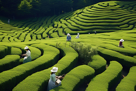 茶园里挤满了人在除草茶