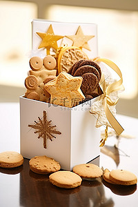 饼干曲奇背景图片_树顶上的白色盒子里的饼干和饼干