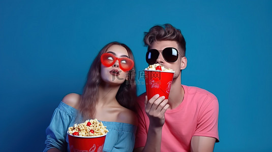 吃饭背景图片_一对快乐的夫妇戴着充满活力的 3D 眼镜，一边嚼着桶里的爆米花，一边欣赏蓝色背景的电影