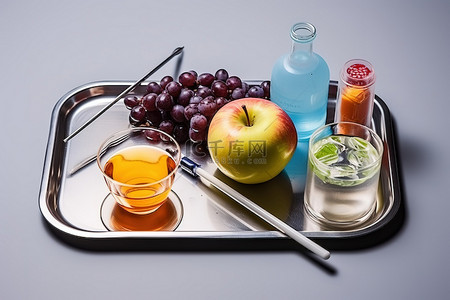 葡萄背景图片_午餐托盘，配有苹果葡萄杯和药物