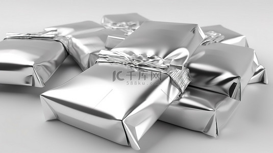 薯片袋背景图片_闪亮的银色金属糖果箔包装的 3D 插图