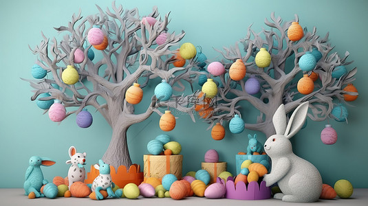 海报花粉色背景图片_复活节快乐 3d 树，配有兔子礼品盒鸡肉和彩蛋