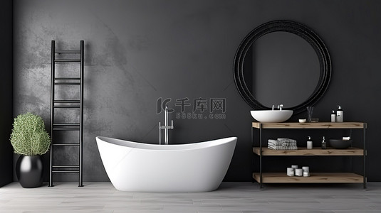 浴室洗脸盆背景图片_现代浴室设计，配有黑墙浴缸梯子和洗脸盆 3D 渲染