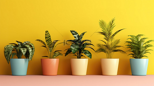 室内植物盆栽背景图片_色彩缤纷的盆栽中充满活力的室内植物，在阳光明媚的黄色背景下，非常适合以 3D 渲染的自定义文本