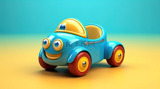俏皮卡通玩具车的 3D 插图