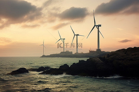 海岸和灯塔上的风力涡轮机