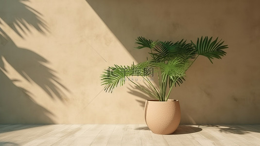 盆盆背景图片_米色混凝土背景上的热带树影产品放置，带绿盆和树枝 3D 渲染