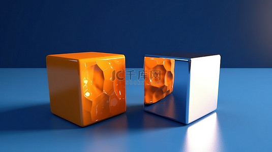 一半山一半海背景图片_充满活力的立方体橙色和一半在 3d 中与蓝色表面相对