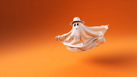 橙色背景装饰背景图片_万圣节 3D 渲染白色幽灵，戴着女巫帽子，在橙色背景下翱翔