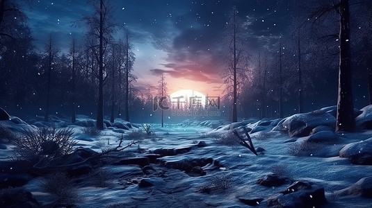 冬季仙境令人惊叹的 3D 渲染，在繁星点点的夜空下，雄伟的森林被雪覆盖着